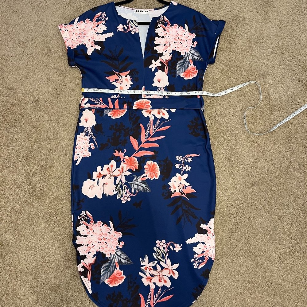 Navy Blue Florial Oriental Asian Kimono Style Cap Sleeve Dress w/ Matching Tie